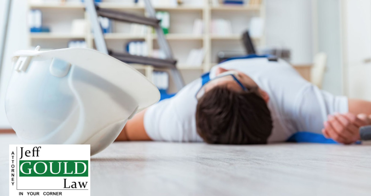 Personal injury, workers comp, laying on floor with hardhat